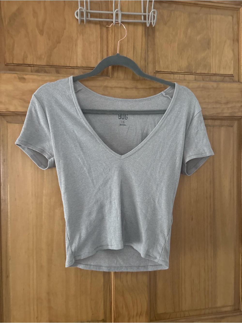 BDG Light Gray Ribbed V-Neck Short Sleeve Top